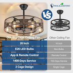 DLLT Caged Ceiling Fan with Lights: 26" Bladeless Fandelier with Light and Remote - Walnut Industrial Chandelier Fan Light for Bedroom Living Dining Room Kitchen