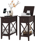 ChooChoo End Table Set of 2, Flip Top Narrow End Table with Drawer, Accent Small Side Table Nightstand for Living Room, Bedroom, and Small Spaces, Espresso