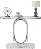 O&K FURNITURE Glass Console Tables for Entryway,Silver Entryway Table with Oval Frames and Marble Base,Chrome Entrance Table Glass Sofa Table for Living Room,Hallway,Silver Glass&White Faux Marble