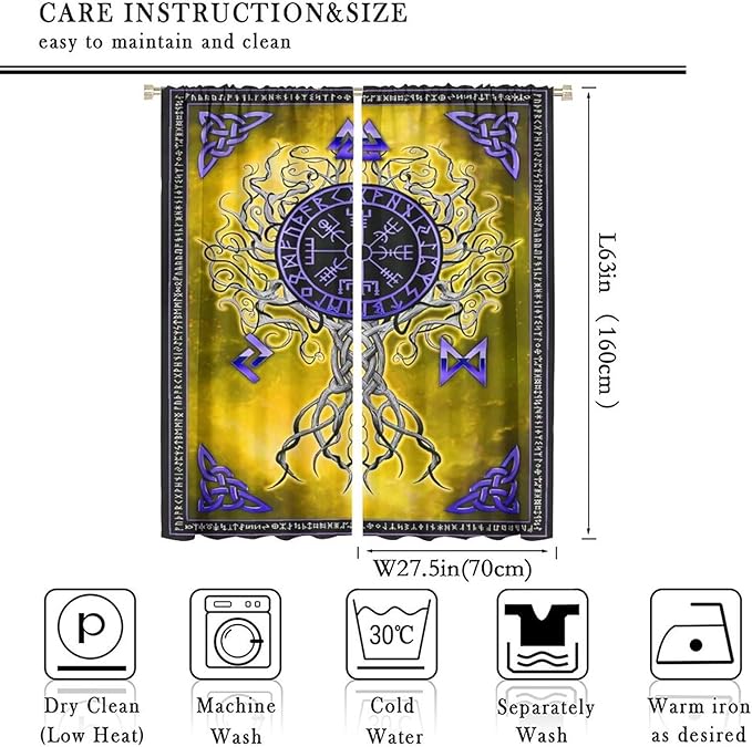 Viking Blackout Curtains Scandinavian Pirate Totem Mythology Golden Tree of Life Printed Curtain Bedroom and Living Room Decoration Blackout Curtains W55 * L63 Inch