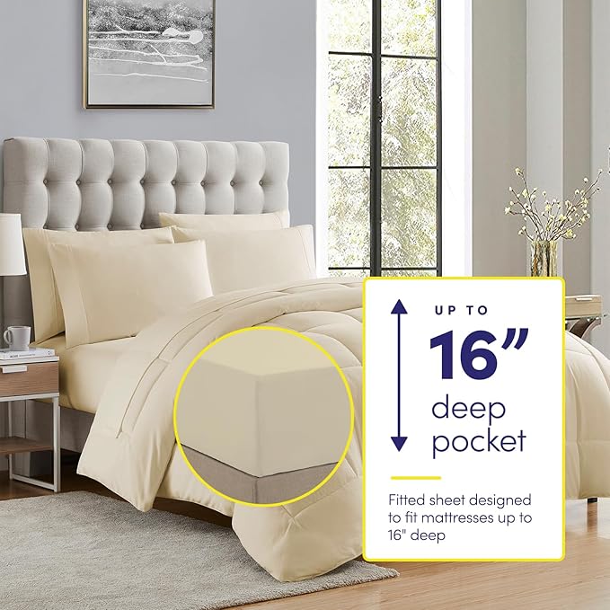 Sweet Home Collection 7 Piece Comforter Set Bag Solid Color All Season Soft Down Alternative Blanket & Luxurious Microfiber Bed Sheets, Beige, Queen