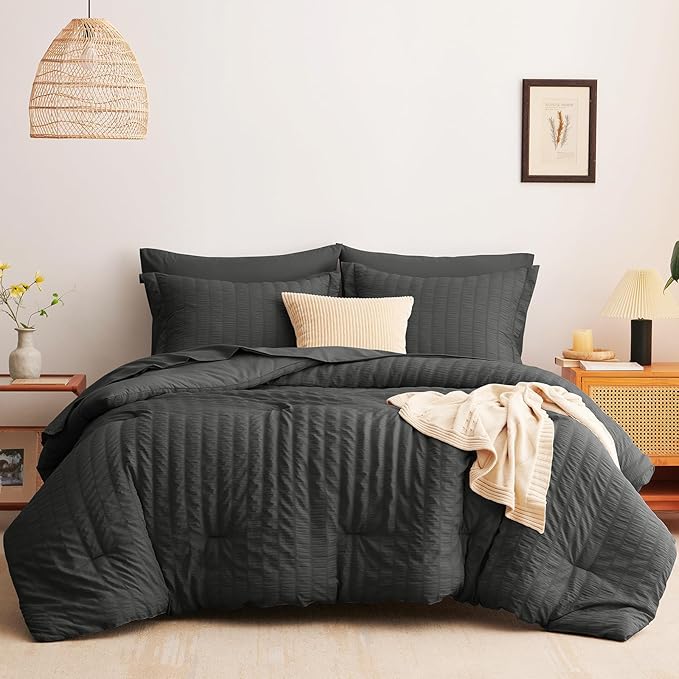 CozyLux Oversized Queen Comforter Set Dark Grey Seersucker 7 Pieces 98x98 Bed in a Bag Comforter Set with Sheets, Luxury Soft Bedding Sets with Down Alternative Comforter, Sheets, Pillowcases & Shams