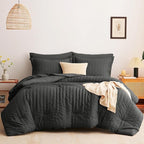 CozyLux Queen Comforter Set Dark Grey Seersucker 7 Pieces Bed in a Bag Queen Comforter Set with Sheets, Luxury Soft Bedding Set with Down Alternative Comforter, Sheets, Pillowcases & Shams All Seasons
