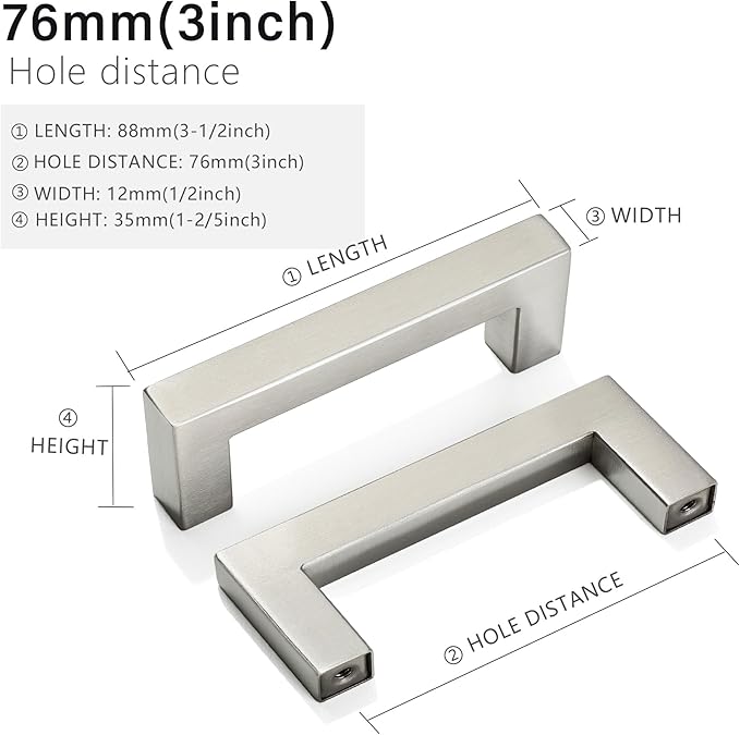 Cabinet Pulls Brushed Nickel Cabinet Handles Square Drawer Pulls, 2 Pack 3 Inch Stainless Steel Kitchen Door Cupboard Cabinet Handles, Cabinet Hardware Drawer Handles, 76mm Hole Centers