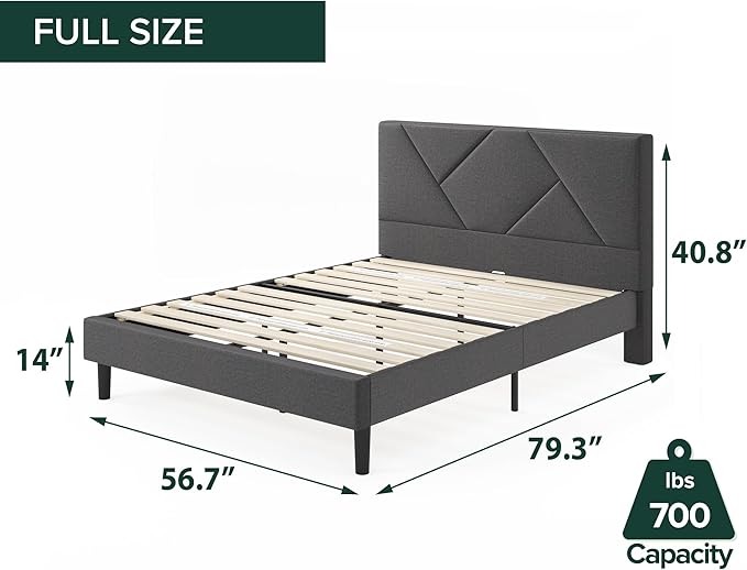 ZINUS Judy Upholstered Platform Bed Frame, Mattress Foundation, Wood Slat Support, No Box Spring Needed, Eco Friendly WonderBox (TM), Easy Assembly, Dark Grey, Full