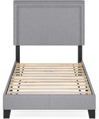 Furinno Laval Double Row Nail Head Upholstered Platform Bed Frame, Twin, Glacier