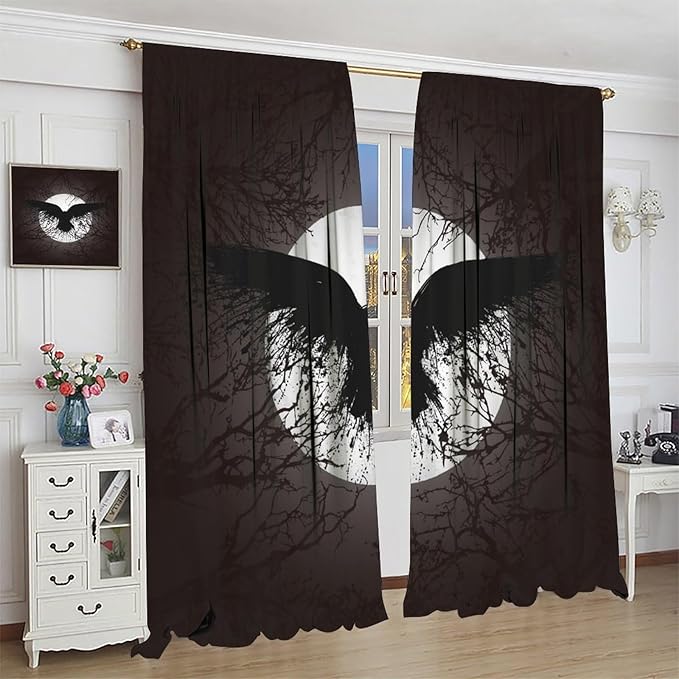 Cool Raven Print Curtains,Vintage Nordic Viking Theme Dead Tree Crow Full Moon Window Drapes Thermal Insulated Rod Pocket Blackout Drapes for Bedroom 2 Panels 63L x 36W
