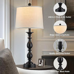 28" Tall Modern Table Lamps Set of 2 with USB C+A Ports and AC Outlet, 3 Way Touch Metal Bedside Lamps for Living Room, Black Farmhouse Nightstand Lamps for Bedroom