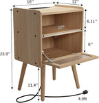 Mid Century Modern Nightstand with Charging Station, Bedside Tables with Glass Door, End Table Side Table with 2 Tiers Storage Space, for Bedroom, Living Room, Natural
