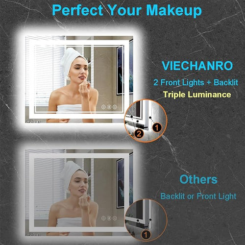 24x32 Inch LED Mirrors for Bathroom, Threefold Brightness 2 Front Lights + 1 Back Lit Mirrors for Bathroom Wall Restroom with Anti-Fog, 3Colors Stepless Adjusted, Safer Tempered Glass, Memory Function