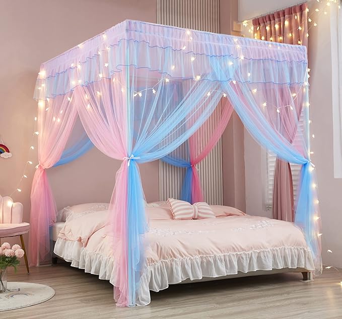 Mengersi Rainbow Canopy Bed Curtains with Lights -Bed Canopy for Girls - Bed Drapes Netting- Bedroom Decoration Accessories,California King