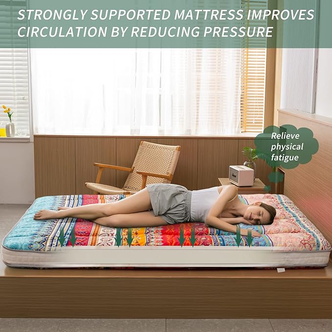 MAXYOYO Twin Size Futon Floor Mattress Shikibuton Sleeping Mats for Adults, Floor Futon with High-Density Foam, Portable Mattress for Living Room, Guest Room, Bohemian A
