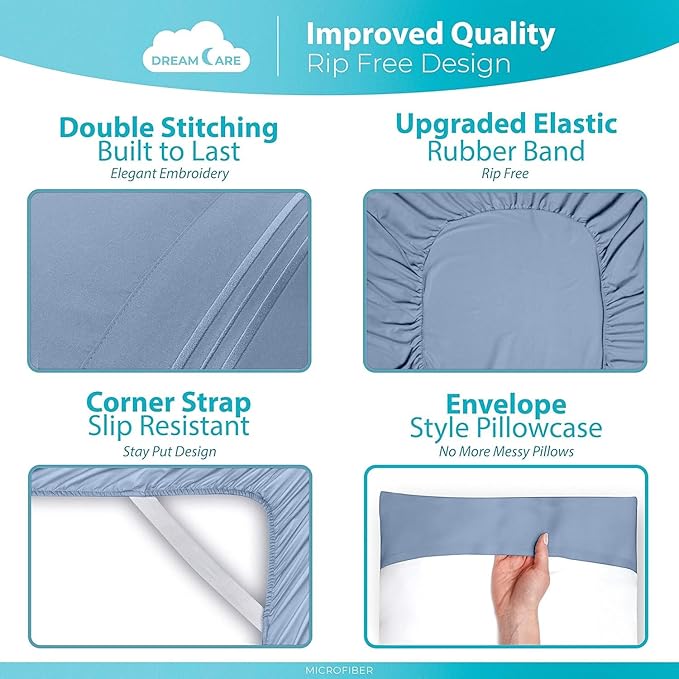 DREAMCARE Twin XL Sheet Sets – 3pcs Cooling Sheets – up to 21” Extra Deep Pocket Twin XL Sheets Set – Hotel Luxury Sheets & Pillowcases – Superior Softness 100% Fine Microfiber with Side Pocket – Blue