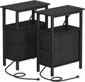 2 Set Narrow Side Table for Small Spaces, Skinny End Table with Charging Station, Sofa Beside Table with 2 Fabric Drawers and 1 Open Compartment, Slim Nightstand with USB Ports Outlet, Black UTBT004B