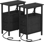 2 Set Narrow Side Table for Small Spaces, Skinny End Table with Charging Station, Sofa Beside Table with 2 Fabric Drawers and 1 Open Compartment, Slim Nightstand with USB Ports Outlet, Black UTBT004B