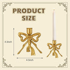 Mumufy 4 Pcs Gold Bow Taper Candle Holder Vintage Metal Candle Stick Holders Antique Brass Decorative Candlestick for Wedding Christmas Home Table Decor, 4.5" W x 4.3" H