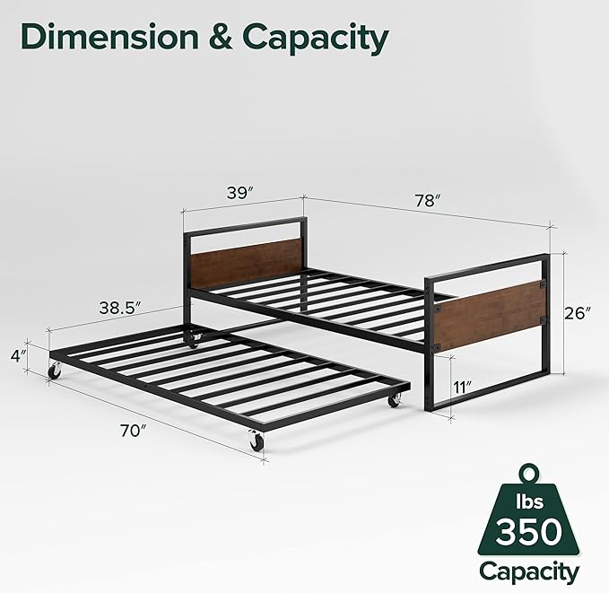 ZINUS Suzanne Bamboo and Metal Daybed with Trundle, Mattress Foundation with Steel Slat Support, Easy Assembly, Twin