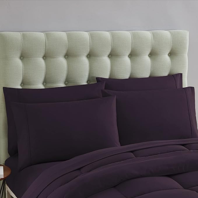 Sweet Home Collection 7 Piece Comforter Set Bag Solid Color All Season Soft Down Alternative Blanket & Luxurious Microfiber Bed Sheets, Purple, Queen