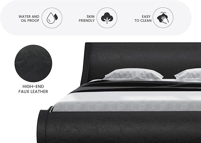 SHA CERLIN Modern Low Profile Platform Bed Frame Full Size, Stylish Faux Leather Upholstered Sleigh Bed with Adjustable Headboard, No Box Spring Needed, Glossy Black