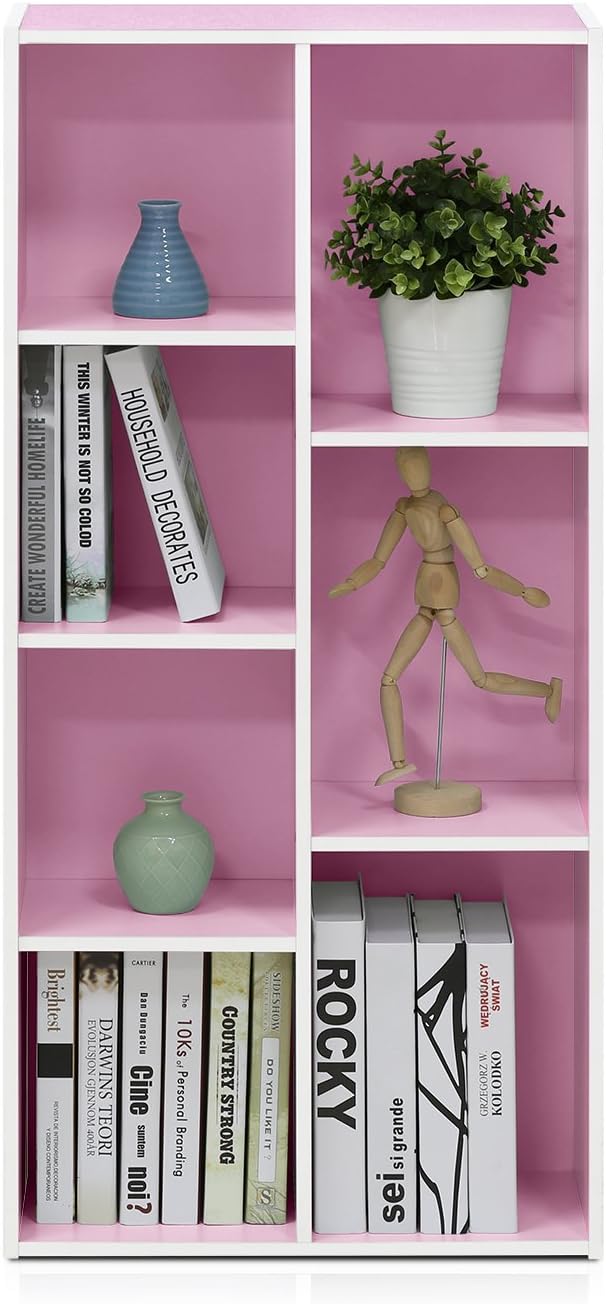 Furinno LUDER Book Shelf, 7-Cube Bookshelf, Bookcase, 9.4" x 19.5" x 41.7", for Living Room, Bedroom, Home Office, White/Pink
