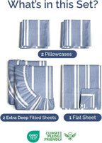 Extra Deep Split King Sheet Set - 7 Piece Breathable & Cooling Sheets - Hotel Luxury Bed Sheets Set - Easy Fit - Soft, Wrinkle Free & Comfy Sheets Set - Blue Striped Sheet Set w/Extra Deep Pockets