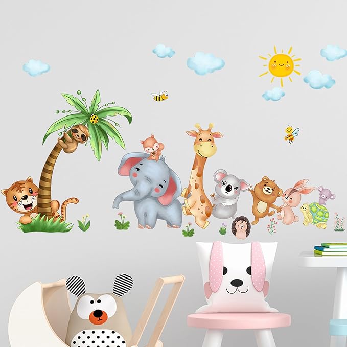 Jungle Animal Wall Stickers Forest Safari Wall Decals Kid Room Nursery Baby Bedroom Décor (Happy Queuing Animals)