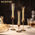 NUPTIO Hurricane Candle Holder for Candlestick: 6 Pcs Gold Taper Candlestick Holders - Tall Modern Candles Stick Decor with Cylinder Shape Cover for Dinner Table Centerpiece