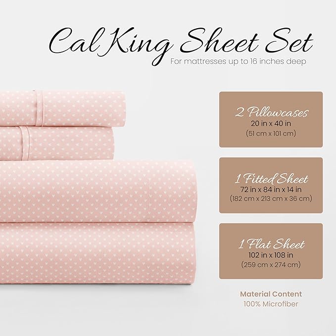 Linen Market Double-Brushed Patterned Microfiber California King Sheet Set 4 Piece – Oeko-TEX Certified Ultra Soft & Wrinkle-Free - 16" Deep Pocket Sheets Easy Care Cal-King Size - My Heart Pink