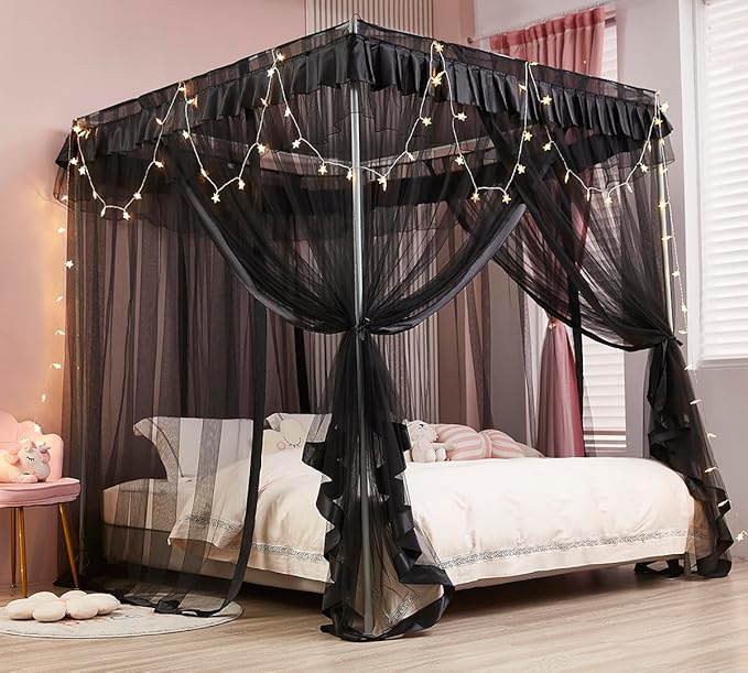 Mengersi Canopy Bed Curtains Bed Canopy Royal Luxurious Cozy Drapes Netting- Elegant Bed Sheer Bedroom Decoration Accessories for Adults,Black,California King