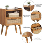 Lerliuo Rattan Nightstands Set of 2, Side Table with Drawer, Cane Accent Bedside End Table with Solid Wood Legs, Mid Century Modern Night Stand for Bedroom, Dorm and Small Spaces (Tea Brown)