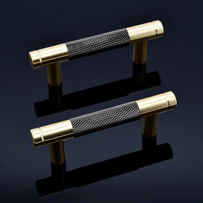 Knurled Cabinet Pulls 2 Pack, 3.5 Inch Long Cabinet Handles Metal Door Pulls, Kitchen Drawer Pull Knurled Dresser Handles - 2 1/2" Hole to Hole, Black & Gold