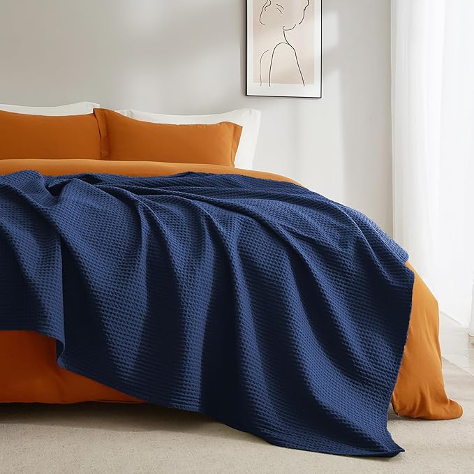 PHF 100% Cotton Waffle Weave Blanket Twin Size for Bed,Snag Proof Lightweight Breathable Throw for Couch,Machine Washable,Great for Layering in Cold Weather,Home Decor Gift-Navy Blue/Bright Blue