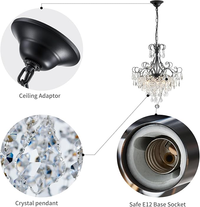 WUZUPS Crystal Chandelier 5-Light Pendant Ceiling Light Modern Lighting Fixture for Dining Room Hallway Bedroom Kitchen Bathroom, H 22.4" x W 18.3", E12 Base, Black