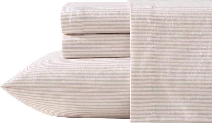 Laura Ashley - Flannel Sheets Queen Size, Anti-Pilling & Wrinkle Resistant Cotton, Soft for All-Season Comfort - Bed Sheets with Matching Pillowcases & Fitted Sheet (Oxfordshire Stripe Beige)