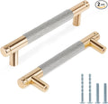 Knurled Cabinet Pulls 2 Pack, 5 Inch Long Cabinet Handles Metal Door Pulls, Kitchen Drawer Pull Knurled Dresser Handles - 3 3/4" Hole to Hole, Grey & Gold