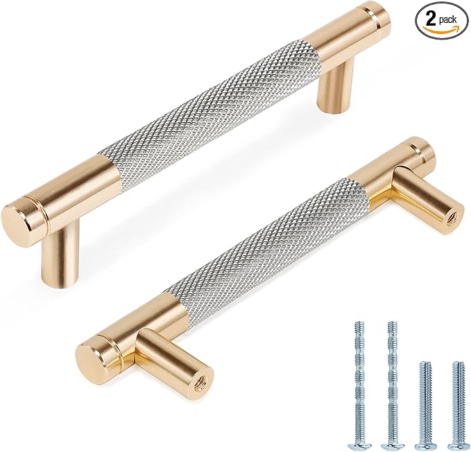 Knurled Cabinet Pulls 2 Pack, 5 Inch Long Cabinet Handles Metal Door Pulls, Kitchen Drawer Pull Knurled Dresser Handles - 3 3/4" Hole to Hole, Grey & Gold