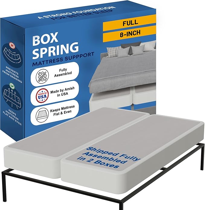 Greaton, Box Spring Bed Base Full Size, 8-Inch Wood Mattress Foundation – Amish Made in USA – Quiet Noise Free, 2-Pieces Under Mattress-Support BoxSpring, Fully Assembled, White