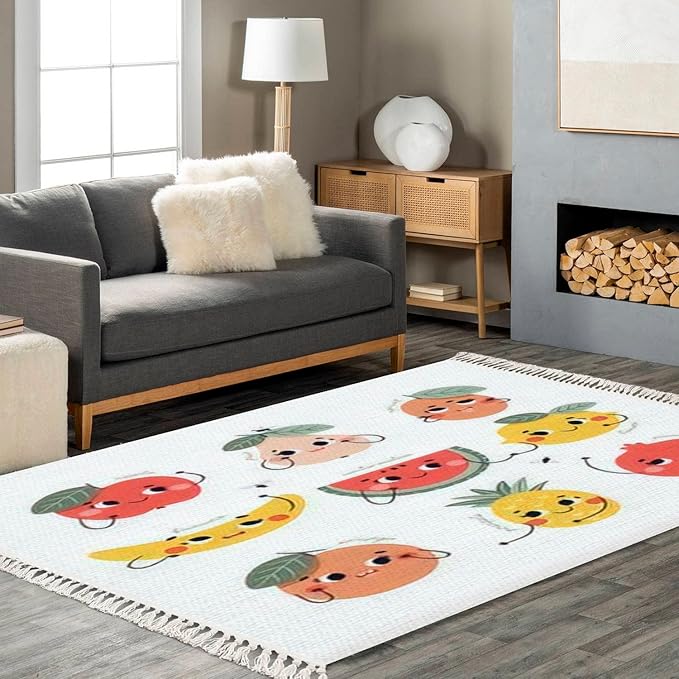 Boho Nursery Rug Cute Funny Fruits Characters Pear Banana Scandinavian Chic Area Rug Washable Rug Meditation Mat Minimalist Home Decor for Living Room Bedroom Playroom Classroom