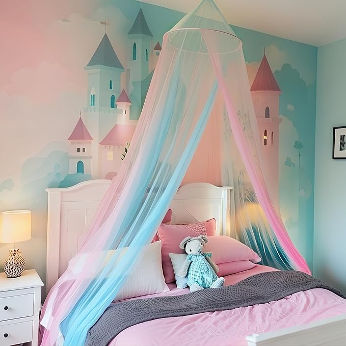 Eimilaly Two-Tone Bed Canopy Mosquito Net Pink Blue with 250pcs Warm White Lights, Bed Canopy for Girls Room Decor, Single Door