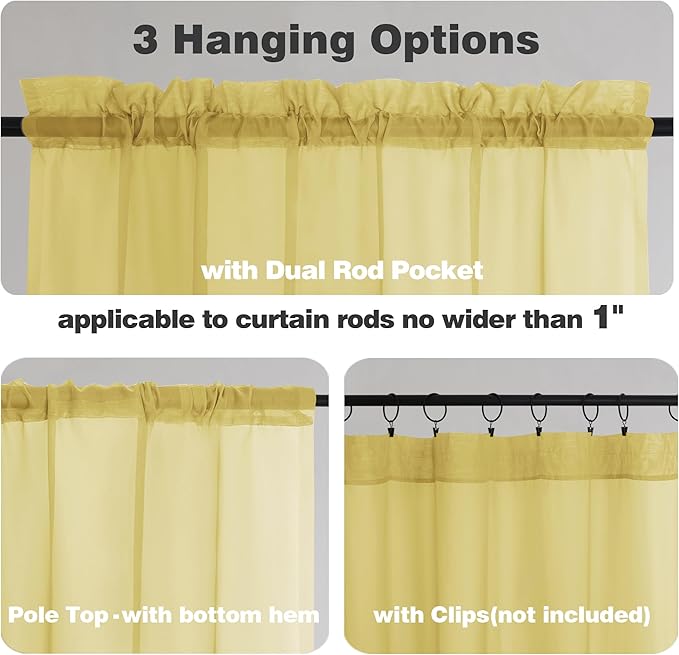 Chyhomenyc Yellow Sheer Curtains 36 inch Length 2 Panels, Light Filtering Voile Rod Pocket Short Window Curtians for Bathroom Living Room Farmhouse Small Windows, 42Wx36L inches