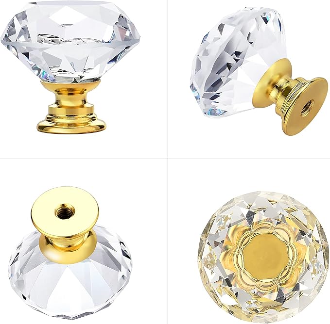 Ravinte 5 Pack Crystal Knobs for Dresser Drawers Glass Cabinet Knobs Diamond Shaped Drawer Knobs - 30 mm Knobs with Gold Base