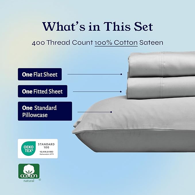 California Design Den Natural 100% Cotton Sheets, Twin XL Sheets Set, 400 Thread Count Sateen Bedding for Dorm Rooms & Adults, Deep Pockets, Cool & Durable - Light Grey