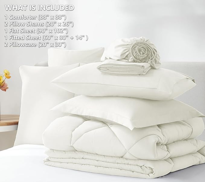 CozyLux Queen Comforter Set Ivory - Bed in a Bag Queen Size 7 Pieces, Luxury Soft Bed Set for All Seasons, Bedding Set with Down Alternative Comforter, Sheets, Pillowcases & Shams