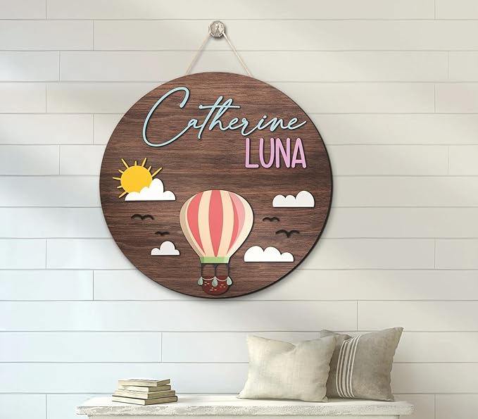 Custom Hot Air Balloons 3D Wooden Nursery Name Sign, Personalized Large Wooden Above Crib Decor Baby Shower Boy Girl Birthday Gift, Baby Name Sign Wall Hanging, Kid Bedroom Decor