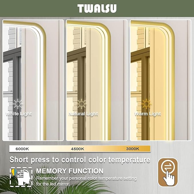 LED Bathroom Mirror with Lights, 40x28 Inch Gold Metal Framed LED Mirror for Bathroom, 3 Colors and Stepless Dimmable Wall Mounted Lighted Bathroom Vanity Mirror, Anti-Fog, Memory