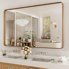 LOAAO 60X40 Inch Bathroom Mirror with Wood Grain Colored Metal Frame, Rounded Rectangle Metal Framed Bathroom Mirror, Anti-Rust, Hangs Horizontally or Vertically, Tempered Glass