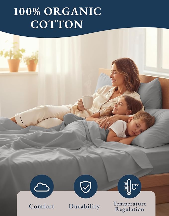 LANE LINEN Twin XL Bed Sheets Set - 100% Mercerized Organic Cotton Twin XL Sheets Set, Soft & Comfy Percale Weave, Machine wash Low Pilling Fade Resistant Luxury Hotel Style Twin XL Sheet Set - Silver