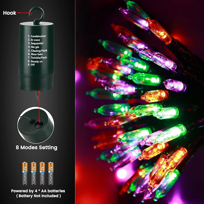 LYHOPE Orange & Purple & Green Halloween Lights, 33ft 100 LED Halloween Decoration Lights Waterproof 8 Modes Battery Operated String Light for Outdoor & Indoor,Tree, Wreaths, Holiday, Party Decor