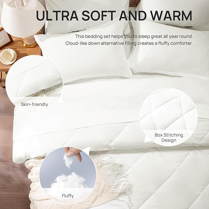 Love's cabin King Size Comforter Set Ivory, 7 Pieces King Bed in a Bag, All Season Bedding Sets with 1 Comforter, 1 Flat Sheet, 1 Fitted Sheet, 2 Pillowcase and 2 Pillow Sham