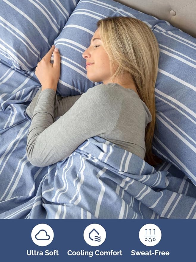Extra Deep Queen Sheet Set - 6 Piece Breathable and Cooling Sheets - Hotel Luxury Bed Sheets Set - Easy Fit - Soft, Wrinkle Free and Comfy Sheets Set - Blue Striped Sheet Set with Extra Deep Pockets